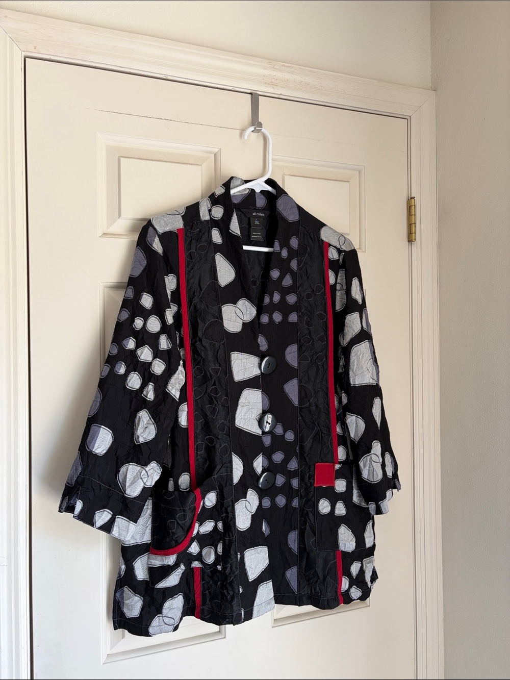 Ali Miles Black Jacket with White Pattern and Red Trim, Size Large